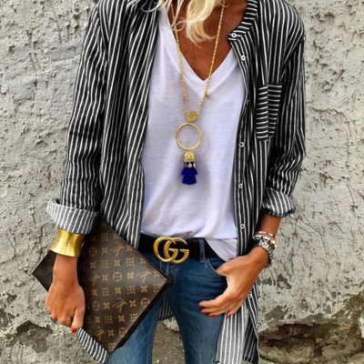 Women's cardigan long sleeve striped shirt - Thumbnail 4