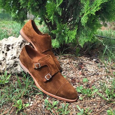 Best brown cap toe double monk strap suede shoes