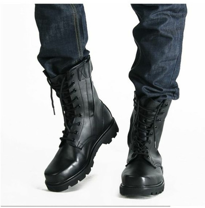 Handmade Black Leather Combat Military Boots for Men, Motorcycle Boots