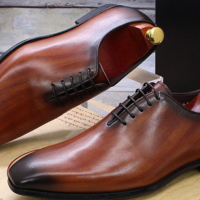 Men Oxford Wooden Brown Wholecut One Piece Real Leather Lace Up Formal Shoes - Thumbnail 4