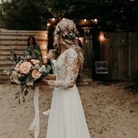V Neck Wedding Dresses Bridal Gown with Sleeves - Thumbnail 1