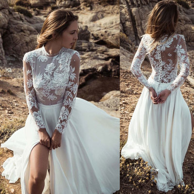 Beach slit wedding dresses bridal gown with sleeves - Thumbnail 4