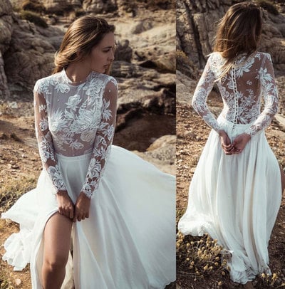 Beach Slit Wedding Dresses Bridal Gown with Sleeves