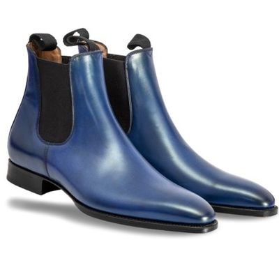Adult fashion chelsea high ankle blue genuine leather handmade derby toe black sole christmas sale boot