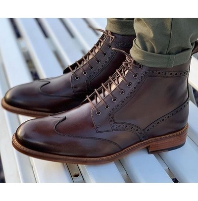 Christmas Sale Men's Brown Wing Tip Ankle Boots, Men Leather Lace Up Dress Boots