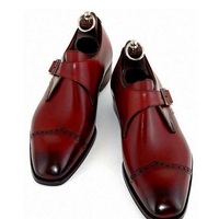 Handmade Men's Leather Red Colored Single Buckle Monk Straps Fashion Shoes - Thumbnail 4