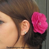 Fuschia Pink Silk Peony Rhinestone Bridal Comb  - Thumbnail 1