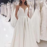 Simple V-Neck White Wedding Dress,Spaghetti Straps Prom Dress with Pockets,White Evening Dress,743 - Thumbnail 2