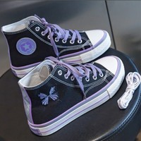 Purple Kawaii Butterfly Embroidery Canvas Sneakers - Thumbnail 3