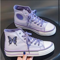 Purple Kawaii Butterfly Embroidery Canvas Sneakers - Thumbnail 2
