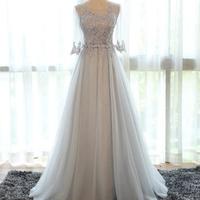 3/4 Long Sleeves Grey Blue Lace Ball Gown Prom Dresses,Real Photos Tulle High Quality Long Prom Gowns Evening Dress,Formal Women Dress,751 - Thumbnail 1