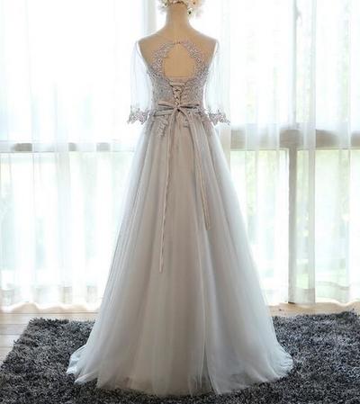 3/4 Long Sleeves Grey Blue Lace Ball Gown Prom Dresses,Real Photos Tulle High Quality Long Prom Gowns Evening Dress,Formal Women Dress,751