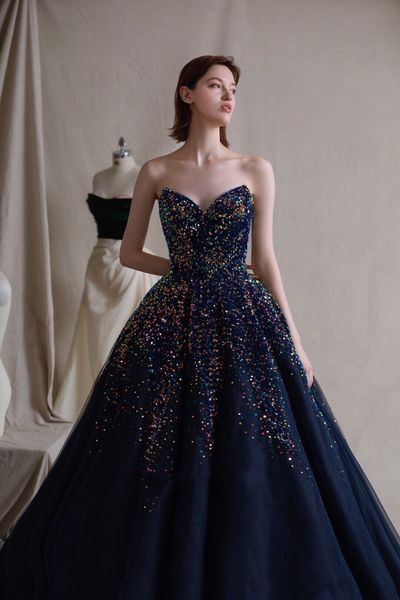 Luxurious A Line Sweetheart Navy Blue Long Prom/Evening Dress with Beading,753