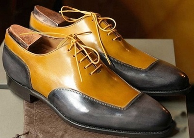 Men Handmade Tan Black Leather Square Toe Lace Up Men's Shoes