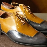 Men Handmade Tan Black Leather Square Toe Lace Up Men's Shoes - Thumbnail 1