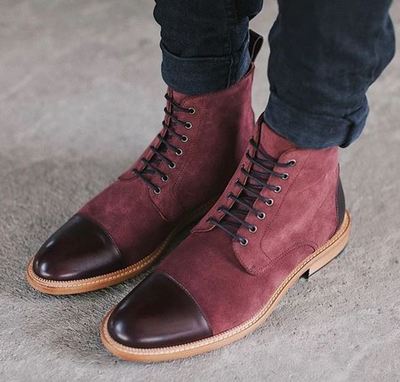 New Handmade Mens Burgundy Casual wear ankle boots, Men Cap toe lace up boot