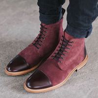 New Handmade Mens Burgundy Casual wear ankle boots, Men Cap toe lace up boot - Thumbnail 1