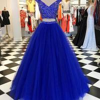 Ball Gown V Neck Cap Sleeves Two Piece Royal Blue Prom Dresses with Beading - Thumbnail 1