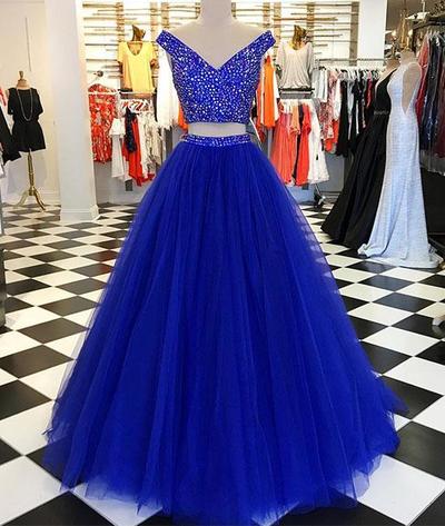 Ball Gown V Neck Cap Sleeves Two Piece Royal Blue Prom Dresses with Beading