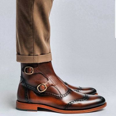 Handmade men wingtip cap toe brown boot, men ankle shoes - Thumbnail 2