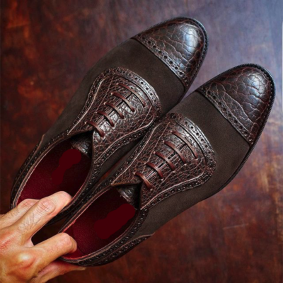 New Handmade Crocodile and Suede Leather Oxford shoes in Ox Blood for men