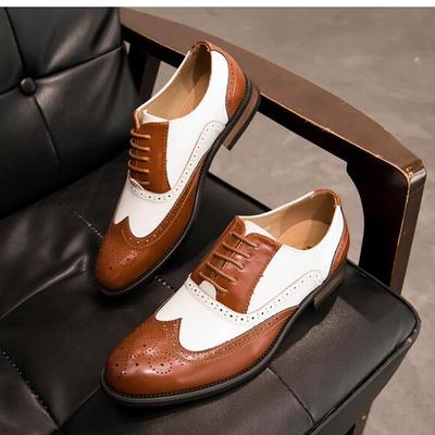 Men spectator two tone brogue wingtip pure leather oxford lace up formal shoes