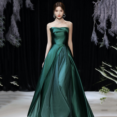 Green satin long prom dress evening dress - Thumbnail 3