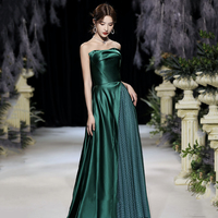 Green satin long prom dress evening dress - Thumbnail 1
