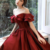 Burgundy satin long prom dress evening dress - Thumbnail 3