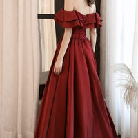 Burgundy satin long prom dress evening dress - Thumbnail 4