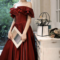 Burgundy satin long prom dress evening dress - Thumbnail 5