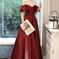 Burgundy satin long prom dress evening dress - Thumbnail 6