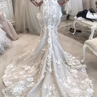 Mermaid Long Sleeve Tulle Lace Wedding Dresses - Thumbnail 1