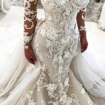Mermaid long sleeve tulle lace wedding dresses - Thumbnail 3