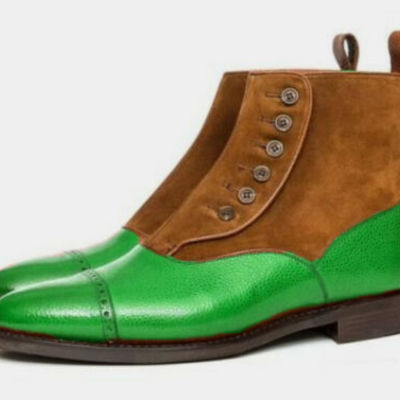 Handmade new men green leather oxford cap toe button ankle boot