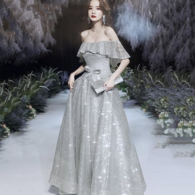 Silver sequins long prom dress shiny evening dress - Thumbnail 3