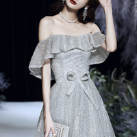 Silver sequins long prom dress shiny evening dress - Thumbnail 2