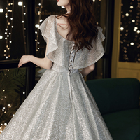 Silver sequins long prom dress shiny evening dress - Thumbnail 4