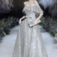 Silver sequins long prom dress shiny evening dress - Thumbnail 6