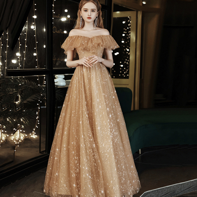 Gold tulle sequins long prom dress evening dress - Thumbnail 3