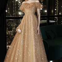 Gold tulle sequins long prom dress evening dress - Thumbnail 2