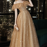 Gold tulle sequins long prom dress evening dress - Thumbnail 1