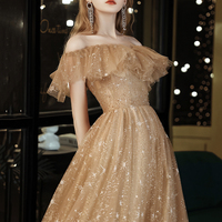 Gold tulle sequins long prom dress evening dress - Thumbnail 3