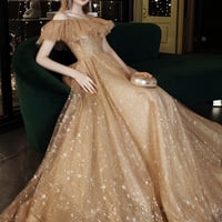 Gold tulle sequins long prom dress evening dress - Thumbnail 4