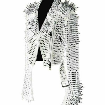 Women's white punk full silver long spiked studded brando bike leather jacket