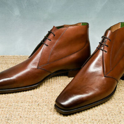 Classic men's handmade brown leather lace up ankle dressy chukka formal boots