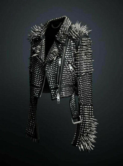 Women's Black Punk Full Silver Long Spiked Studded Brando Bike Leather Jacket