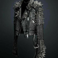 Women's Black Punk Full Silver Long Spiked Studded Brando Bike Leather Jacket - Thumbnail 4