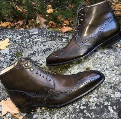 Luxury Winter Men's Handmade Customized Ankle High Chocolate Brown Wing Tip Leather Lace Up Boot