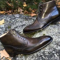 Luxury Winter Men's Handmade Customized Ankle High Chocolate Brown Wing Tip Leather Lace Up Boot - Thumbnail 1